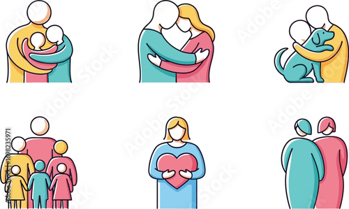 Diverse loving relationships and family connections depicted through heartwarming simple icons.