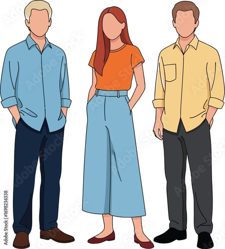 Diverse group of three people standing together in casual attire, looking forward with confident expressions.