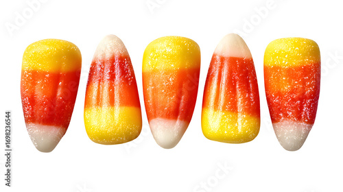 Collection of 5 candy corn pieces, isolated on white background