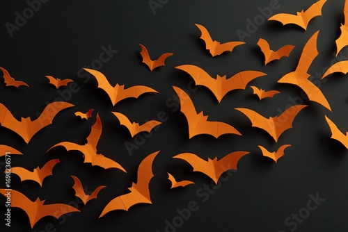 Orange paper bats scattered across a dark black background for Halloween.