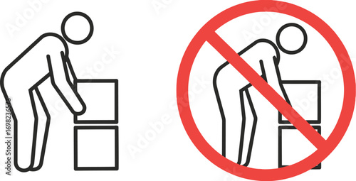 Correct and incorrect posture for lifting heavy objects, showing safe lifting technique versus harmful bending