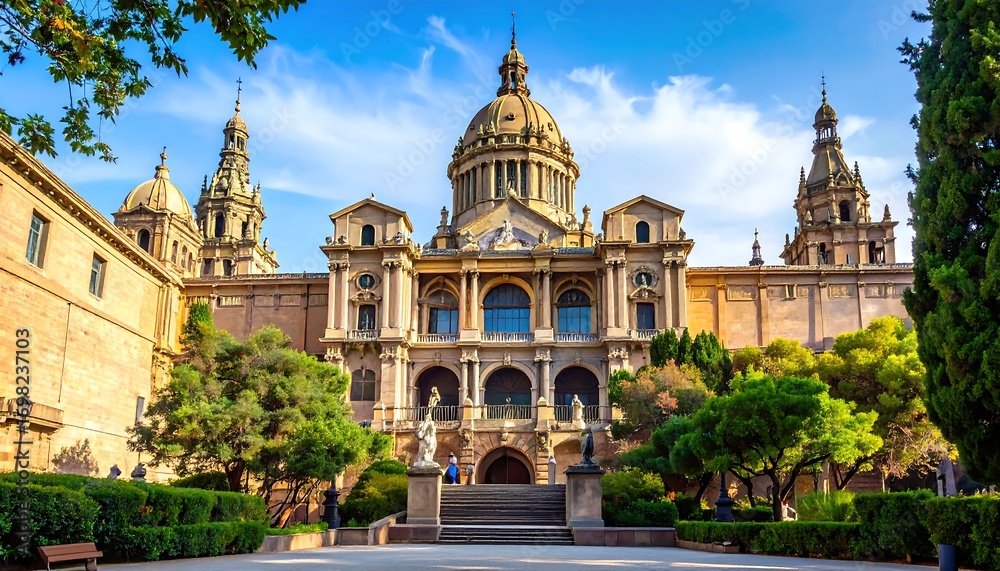 Fototapeta premium A grand, ornate building complex, bathed in sunlight, showcasing architectural details and a lush garden setting.