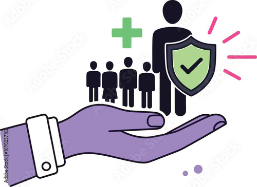 Protecting a diverse group of people with a shield and plus sign, symbolizing health and security.
