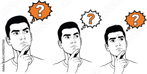 Pensive man with question marks above his head contemplating a problem