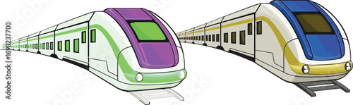 Two High-Speed Trains on White Background
Modern Bullet Trains Vector Illustration
Fast Passenger Train Transportation
Public Transportation Concept