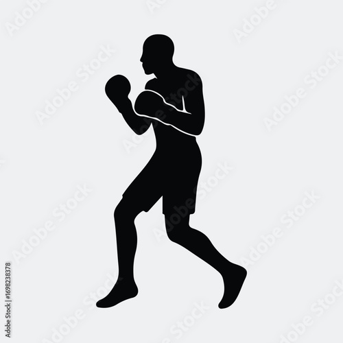 Boxer shadow fighter training silhouette wearing gloves and shorts in attacking stance vector illustration