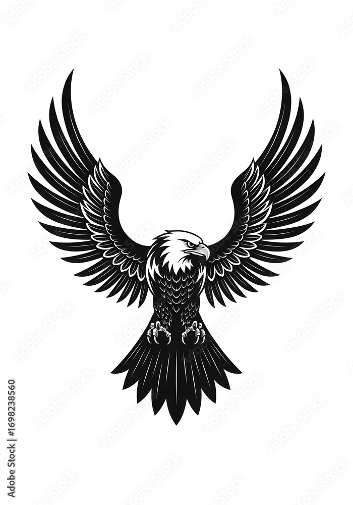 Fototapeta premium Majestic Bald Eagle in Flight: A Striking Black and White Illustration