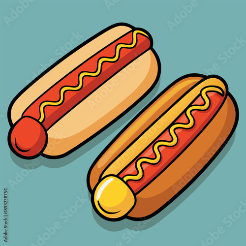 Vector art of two cartoon hot dogs with mustard and ketchup on a blue background
