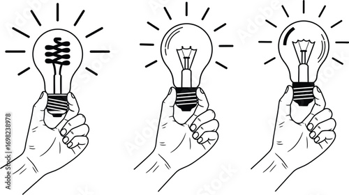Creative hand holding three different light bulbs, symbolizing inspiration and innovation.