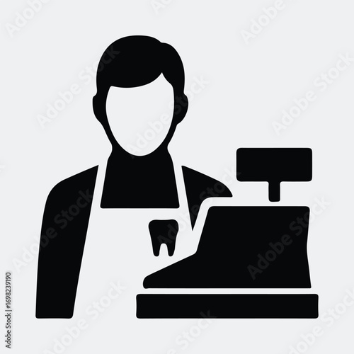 Dental cashier person at cash register wearing apron with tooth vector illustration