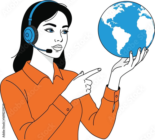 Focused woman in headset holding globe, representing global communication and customer service.