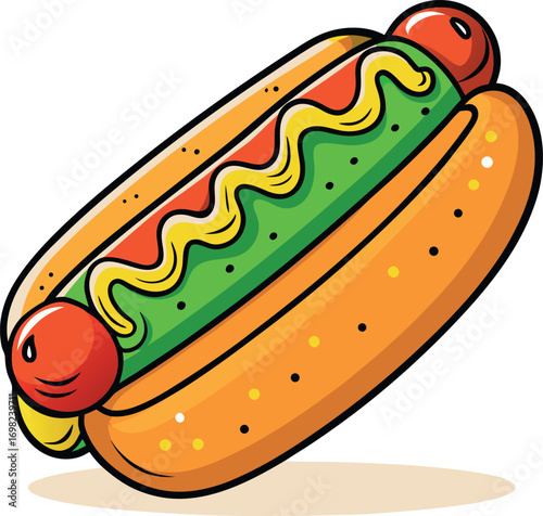 Vector art of a delicious cartoon hot dog with mustard and ketchup, isolated on a
