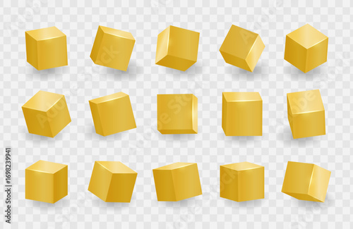 Gold shiny 3D cubes pack isolated on transparent background. Different light, perspective and angle. Vector illustration