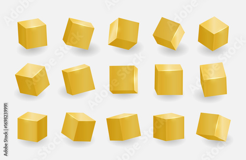 Golden shiny 3D render style cubes pack isolated on white background. Different light, perspective and angle. Vector illustration