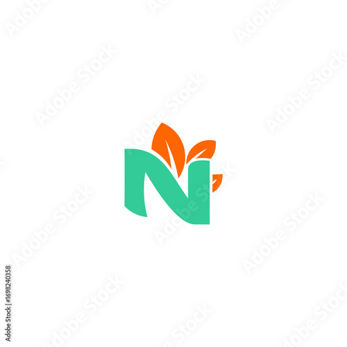 A stylized letter N logo featuring vibrant orange leaves.
