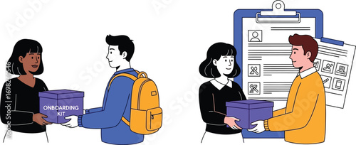 Team members exchange onboarding kits, preparing for new projects and collaboration.