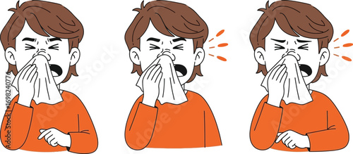 Young person sneezing into a tissue, illustrating illness and discomfort.
