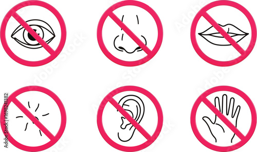 Set of icons representing prohibition of senses: sight, smell, taste, sound, hearing, and touch.