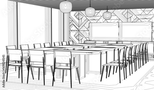 Black and white sketch of a restaurant interior with tables, chairs, and hanging lights. The contour drawing depicts a meeting room with a background wall.