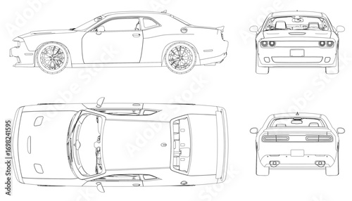 Detailed blueprint of a car with clean white background, showcasing precise car contour lines and technical design details. Vector illustration