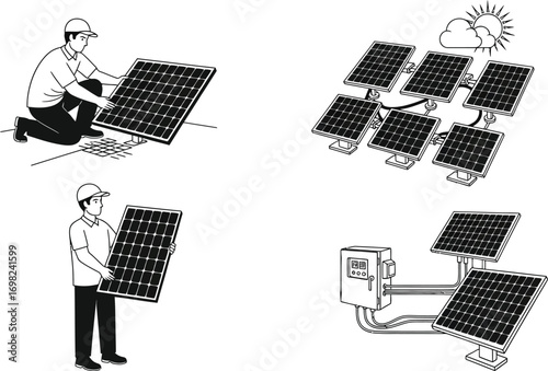 Worker installing solar panels, illustrating renewable energy technology and system setup.