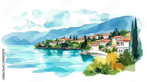 Lake Ohrid. Lake Ohrid watercolor vector illustration