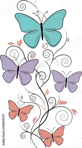 Delicate butterflies flutter amongst swirling vines in a whimsical, natural design.