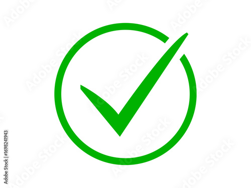 Green checkmark in round circular box vector illustration. Tick mark, correct icon, positive sign, approved icon.