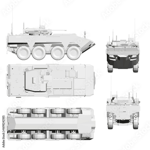 Fotografija Polygonal armored personnel carrier blueprint in military vector style, featuring detailed design elements and tactical capabilities on a clean white background