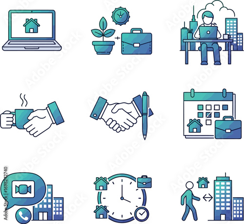 Remote work and business concepts vector icon set with a gradient of blue and green colors for telecommuting and real estate