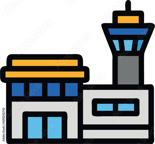 Modern airport terminal building with control tower representing air travel and transportation infrastructure