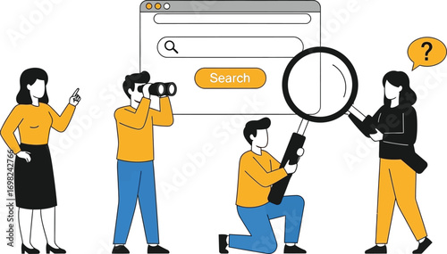 Diverse team collaborating to find answers using search engine and magnifying glass.