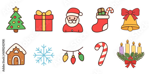  Minimal Flat Christmas Icons Set — 8 Vector Clipart Illustrations Isolated on White — Cute Holiday Elements for Cards, Banners, Social Media and Packaging
