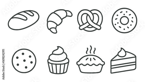 Assorted bakery icons: bread, croissant, pretzel, donut, cookie, cupcake, pie, cake slice