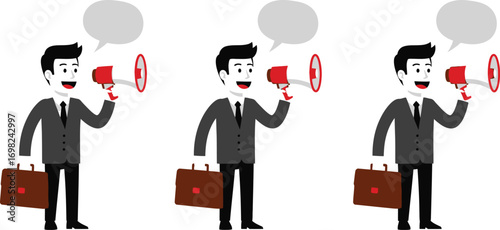 Businessman with briefcase announces important news through megaphone, speaking to audience.