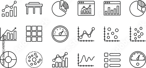Collection of clean line art icons representing data analysis, charts, and performance metrics