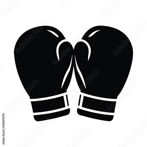 Minimalist black silhouette of boxing gloves, a vector graphic icon representing combat sports, competition, and training, isolated for design element use from a collection bundle