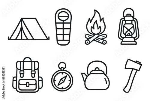 Camping icons: tent, sleeping bag, campfire, lantern, backpack, compass, kettle, axe