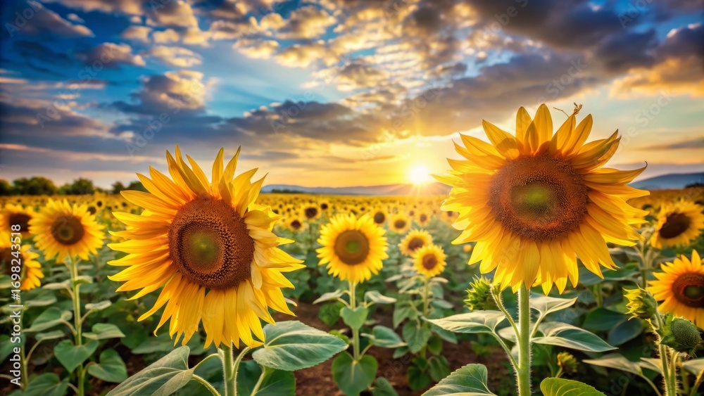 Fototapeta premium Golden Sunflowers Bask in the Warm Glow of a Sunset Over a Vast Field