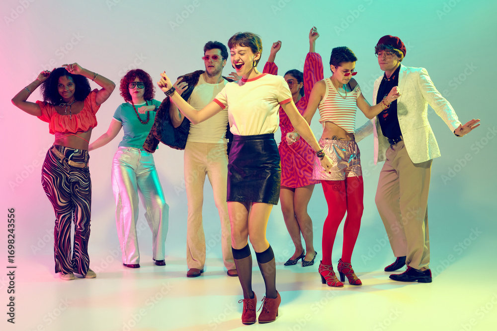Fototapeta premium Energetic woman leading retro dance group with joyful expression. Concept of music parties, youth culture, lifestyle celebration and creative movement.