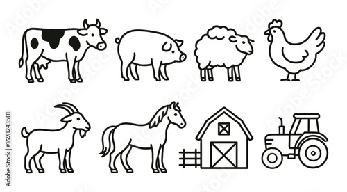 Farm animals and equipment silhouette illustration with barn and tractor
