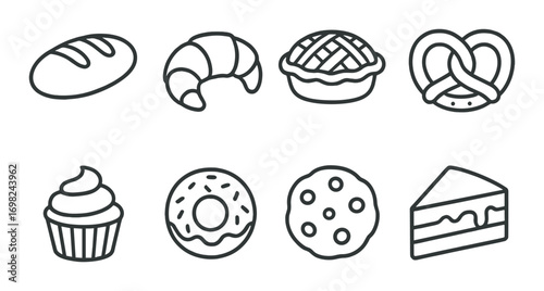 Assorted bakery icons on dark background: bread, croissant, pie, pretzel, cupcake, donut, cookie, cake