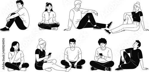 Diverse group of people in casual poses, some using phones, suggesting modern life and connection.