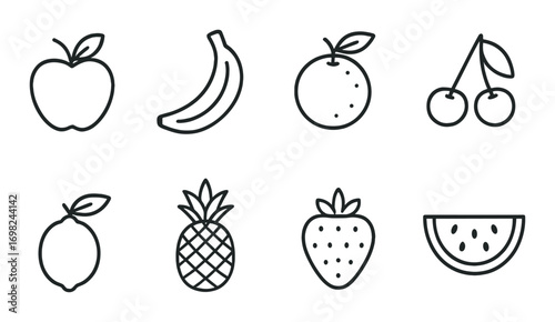 Outline icons of various fruits on a dark striped background