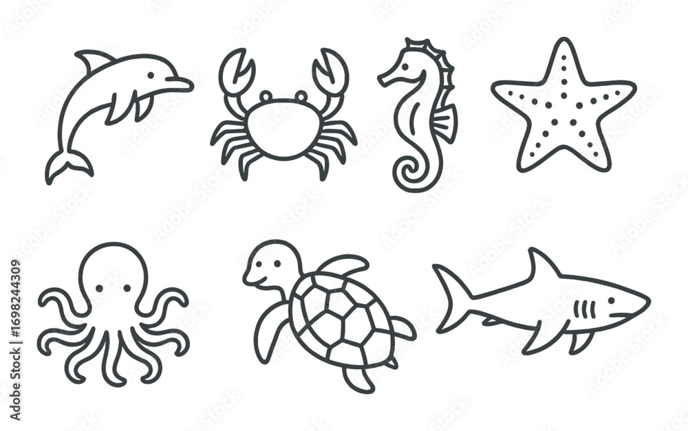 Fototapeta premium Illustrated marine life icons featuring dolphin, crab, seahorse, starfish, octopus, turtle, and shark