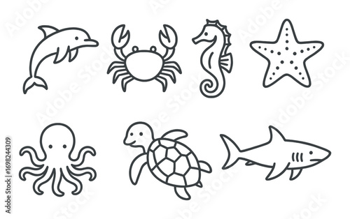 Illustrated marine life icons featuring dolphin, crab, seahorse, starfish, octopus, turtle, and shark