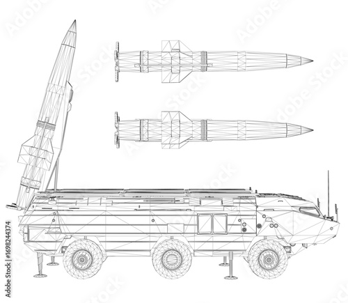 Armored military vehicle with missile launcher on top, detailed 3D wireframe model isolated on white background.Side view