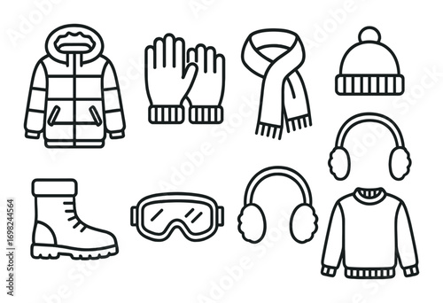 Winter clothing essentials: coat, gloves, scarf, hat, boots, goggles, earmuffs, sweater