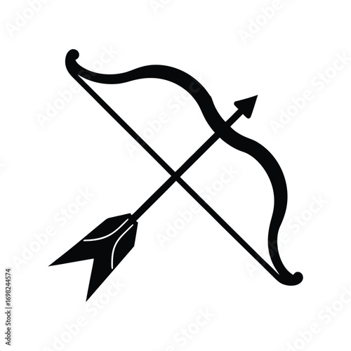 A classic black silhouette icon of a bow and arrow ready for archery. Simple vector graphic design element isolated on a white background