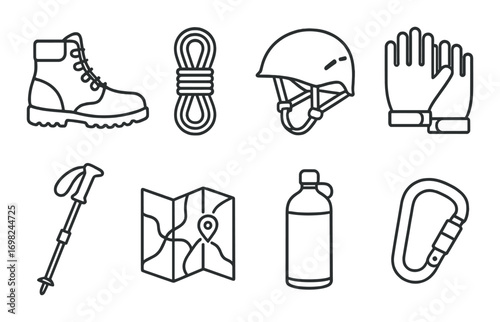 Essential outdoor gear: boots, rope, helmet, gloves, trekking pole, map, bottle, carabiner